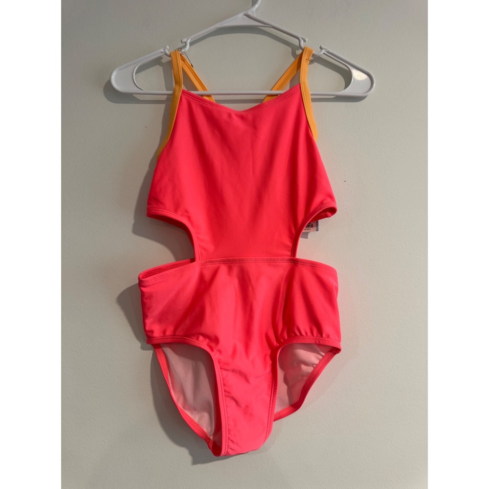 Cat & Jack Cutout One Piece Swimsuit Girls L‎ 10/12 Coral Pink Neon Monokini